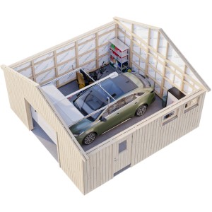 Palmako Holzgarage Andre mit Sektionaltor, Innenansicht mit Auto und Regalen.