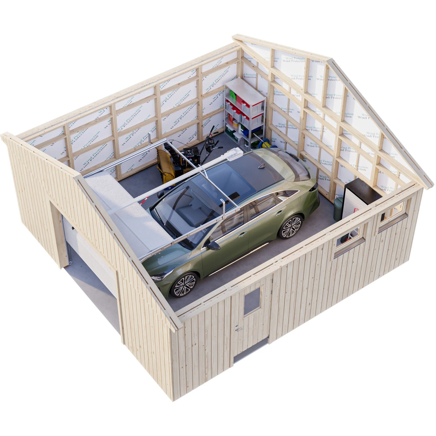 Palmako Holzgarage Andre mit Sektionaltor, Innenansicht mit Auto und Regalen.