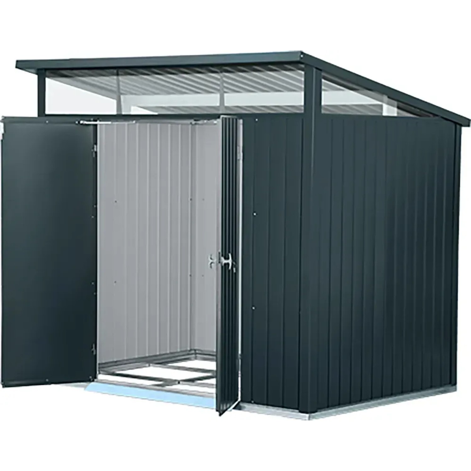 Duramax Metallgerätehaus Palladium 8x6 in Anthrazit mit geöffneten Türen.