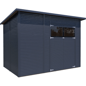 Modernes, anthrazitfarbenes Bertilo Gerätehaus Pent mit Doppeltür und Fenster.