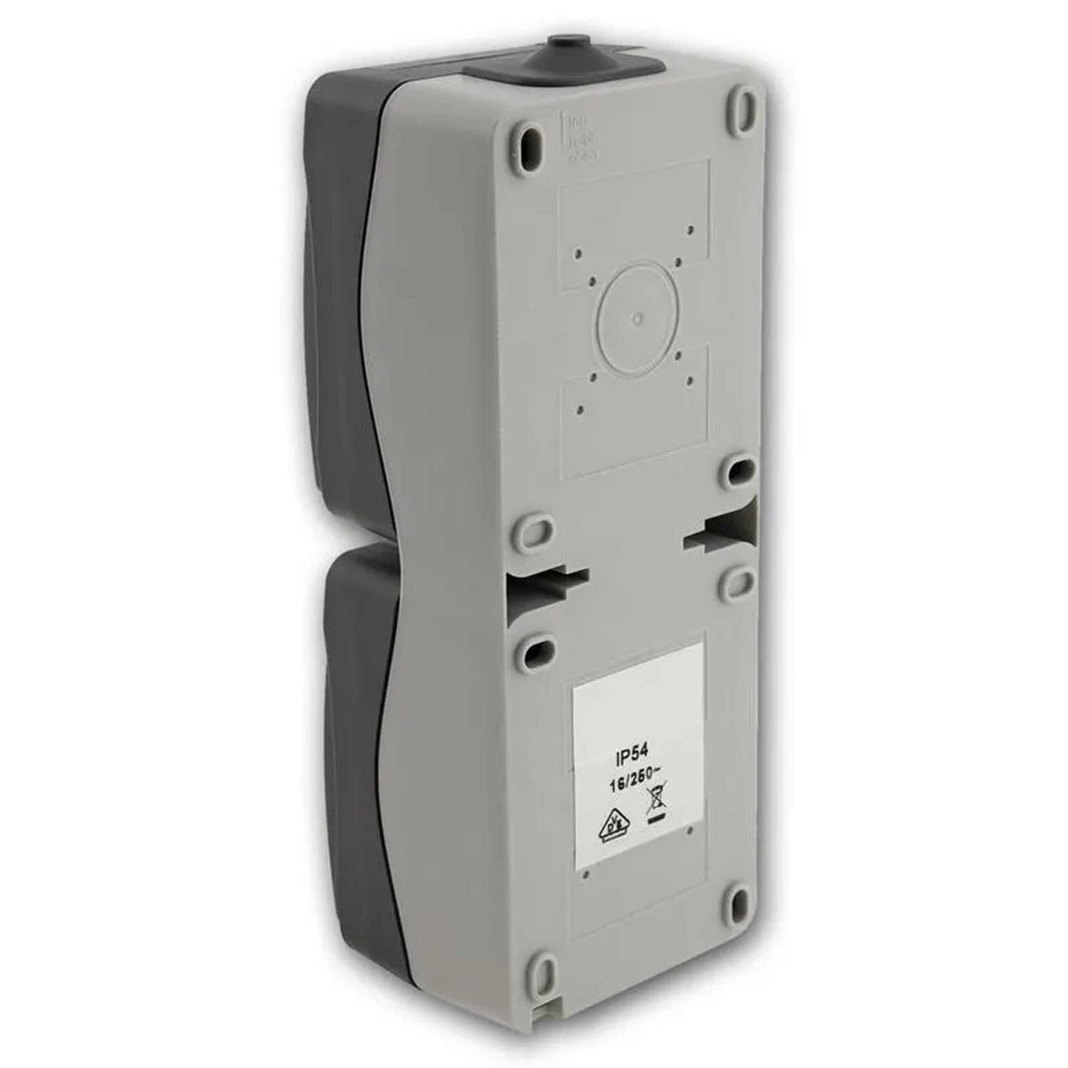 ChiliTec NUQUI Feuchtraum Doppelsteckdose IP54, vertikale Montage, hellgrau/grau.