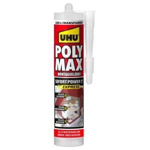 Transparente UHU Poly Max Montagekleber Sofort Power 300g Kartusche zum Kleben, Montieren, Abdichten innen & außen.