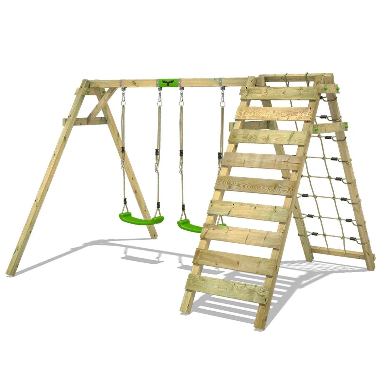 Fatmoose Schaukel JollyJungle mit Kletterleiter und Netz, aus Holz für den Garten.