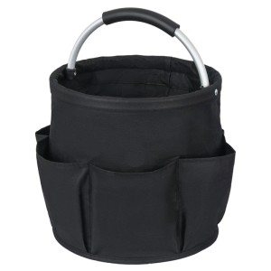 Schwarze osoltus Gartengerätetasche/Werkzeugkorb mit Tragegriff und Außentaschen.