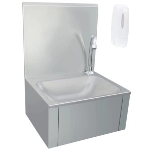 Edelstahl Handwaschbecken mit Wasserhahn, Rückwand und Seifenspender für Küche oder Werkstatt. Hygienische Wandmontage.