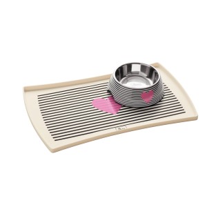 Hunter Napfunterlage Biri, 48x30 cm, weiß-schwarz mit Herz und Hundenapf aus Edelstahl.