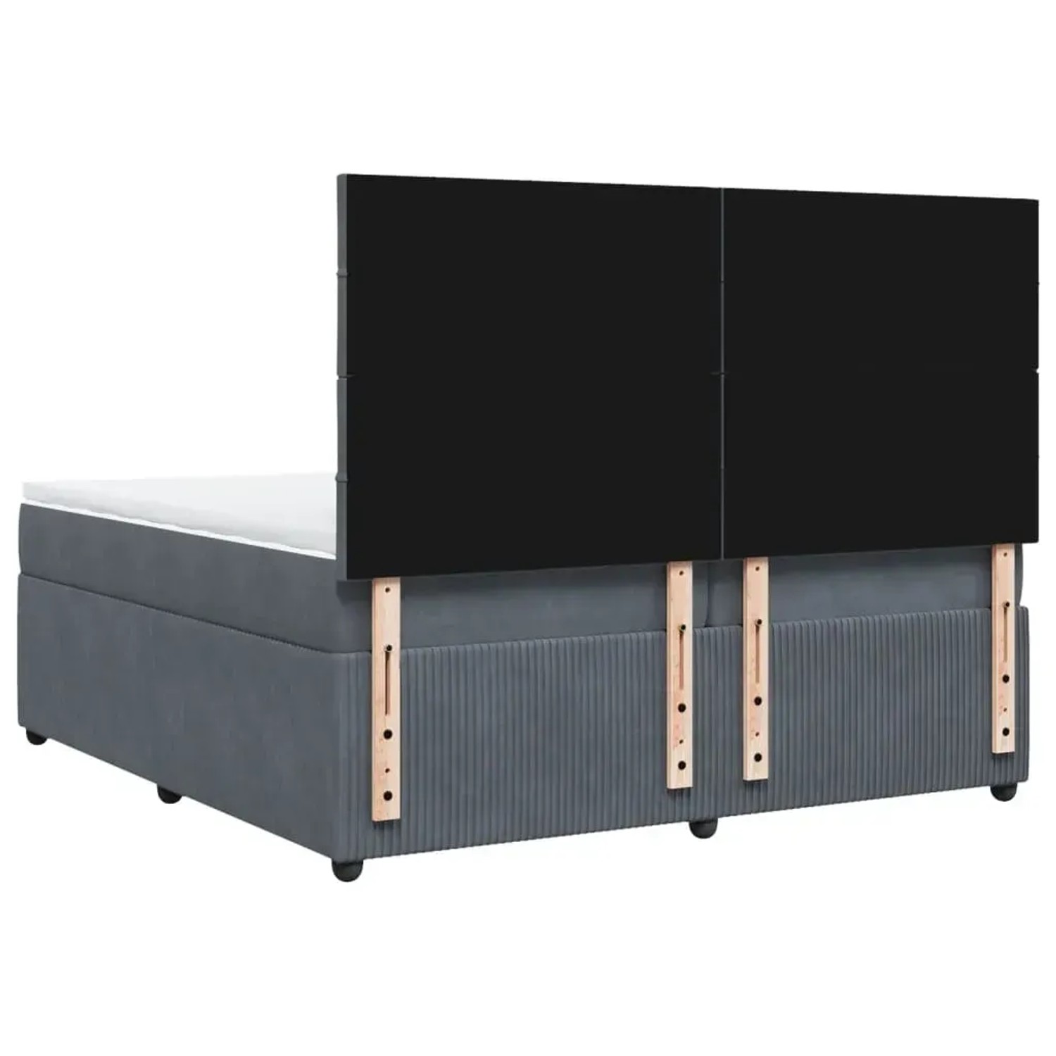 Dunkelgraues Boxspringbett 200x200 cm mit Samtbezug, Matratze und Kopfteil.