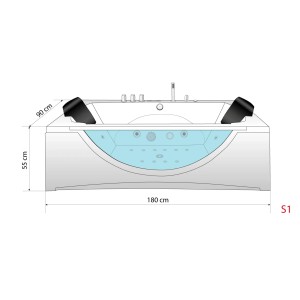 Skizze der AcquaVapore Whirlpool Badewanne W81-B-SC 180x90 mit Maßangaben.