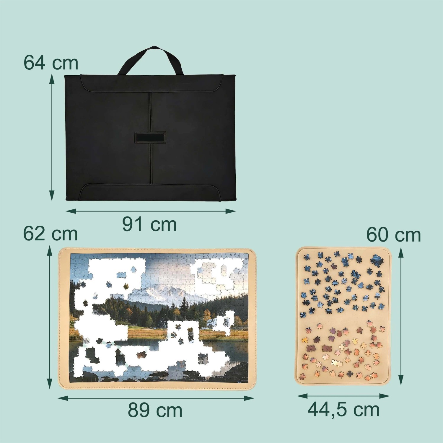 Schwarzer XL Puzzlekoffer mit Tragegriff, beiges rutschfestes Puzzlebrett & Sortierplatte für Puzzleteile.