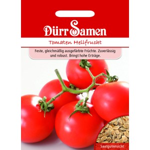 Dürr Samen Tomaten Hellfrucht: Saatgutpackung mit roten Tomaten und Saatgutsicht.