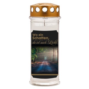 Ambrosius Grablicht mit Motiv 'Wo ein Schatten, da ist auch Licht' und Metalldeckel.