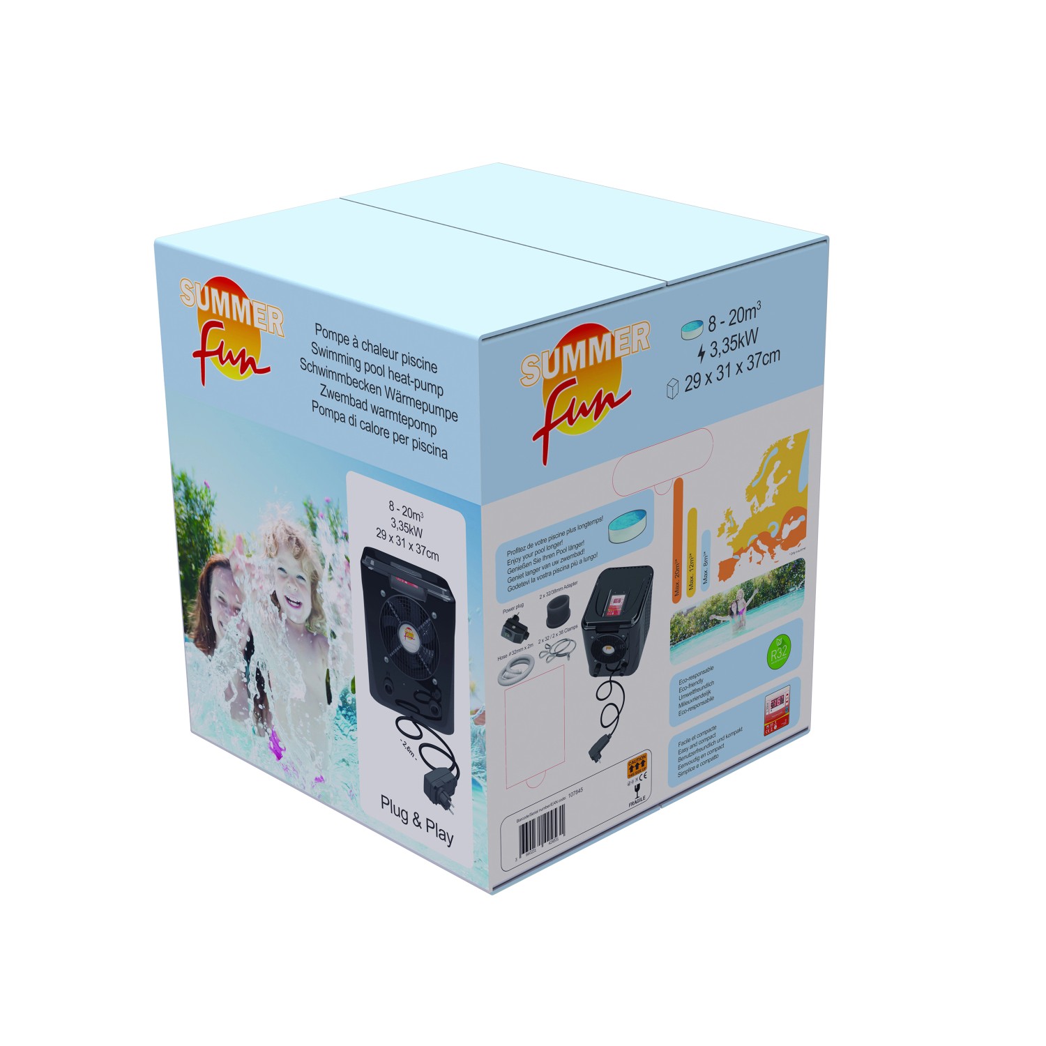 Verpackung der Summer Fun Wärmepumpe Smart 3,35 kW für Pools bis 15 m³.