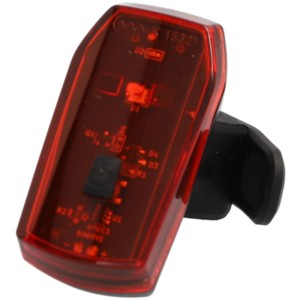 Rotes LED-Rücklicht aus dem Fischer Fahrrad-Aufrüstset für mehr Sicherheit im Straßenverkehr.