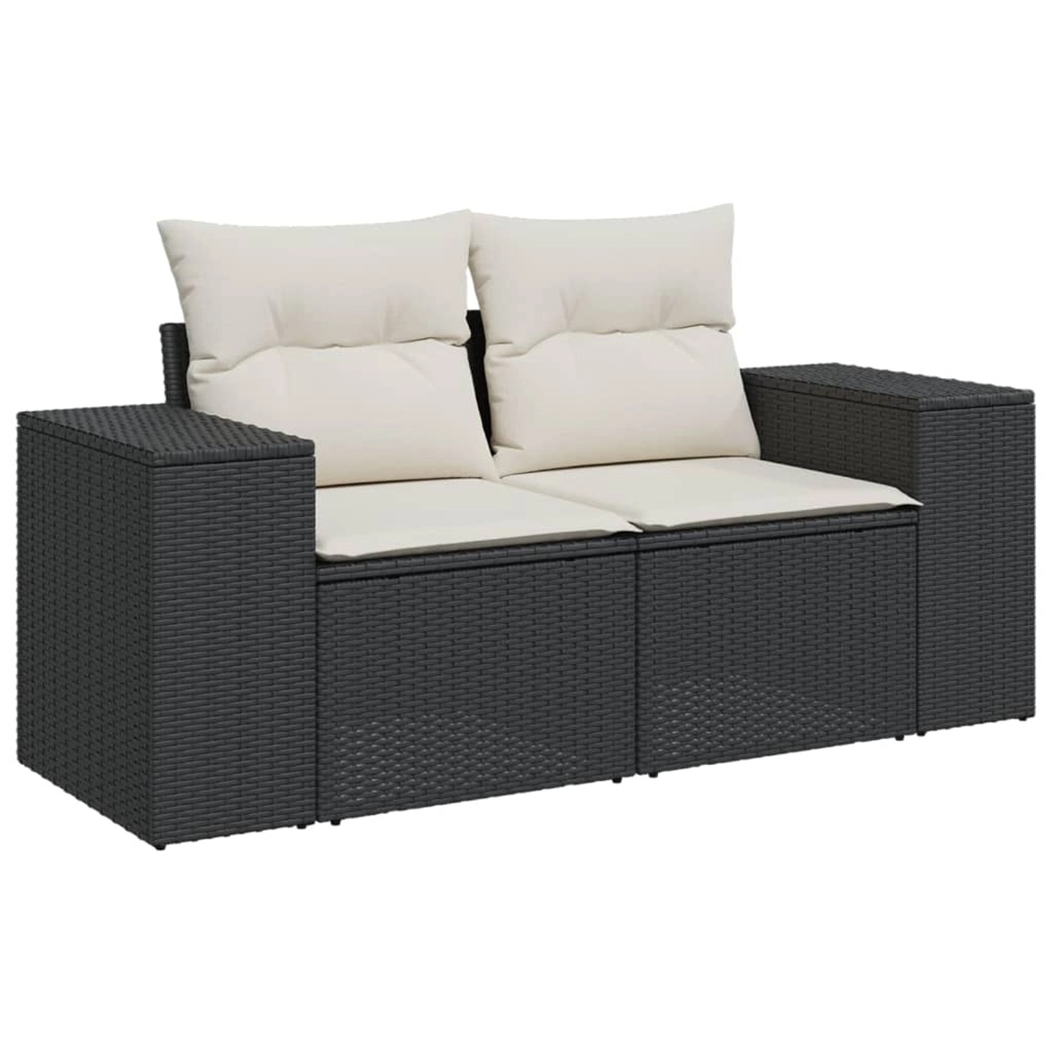 Schwarze vidaXL Garten-Sofagarnitur aus Rattan mit cremefarbenen Kissen für Terrasse und Garten.