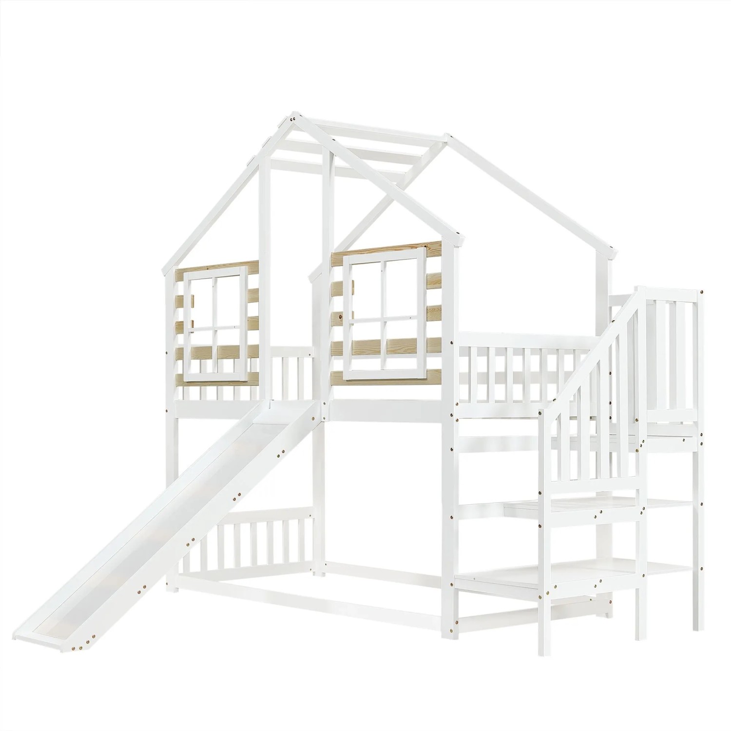 KOMHTOM Etagenbett 90x200Cm Holzbett Mit Treppe Gitter Rutsche Und Fenster Kinderbett Mit Absturzsicherung Massivholz Weiß Ohne Matratze