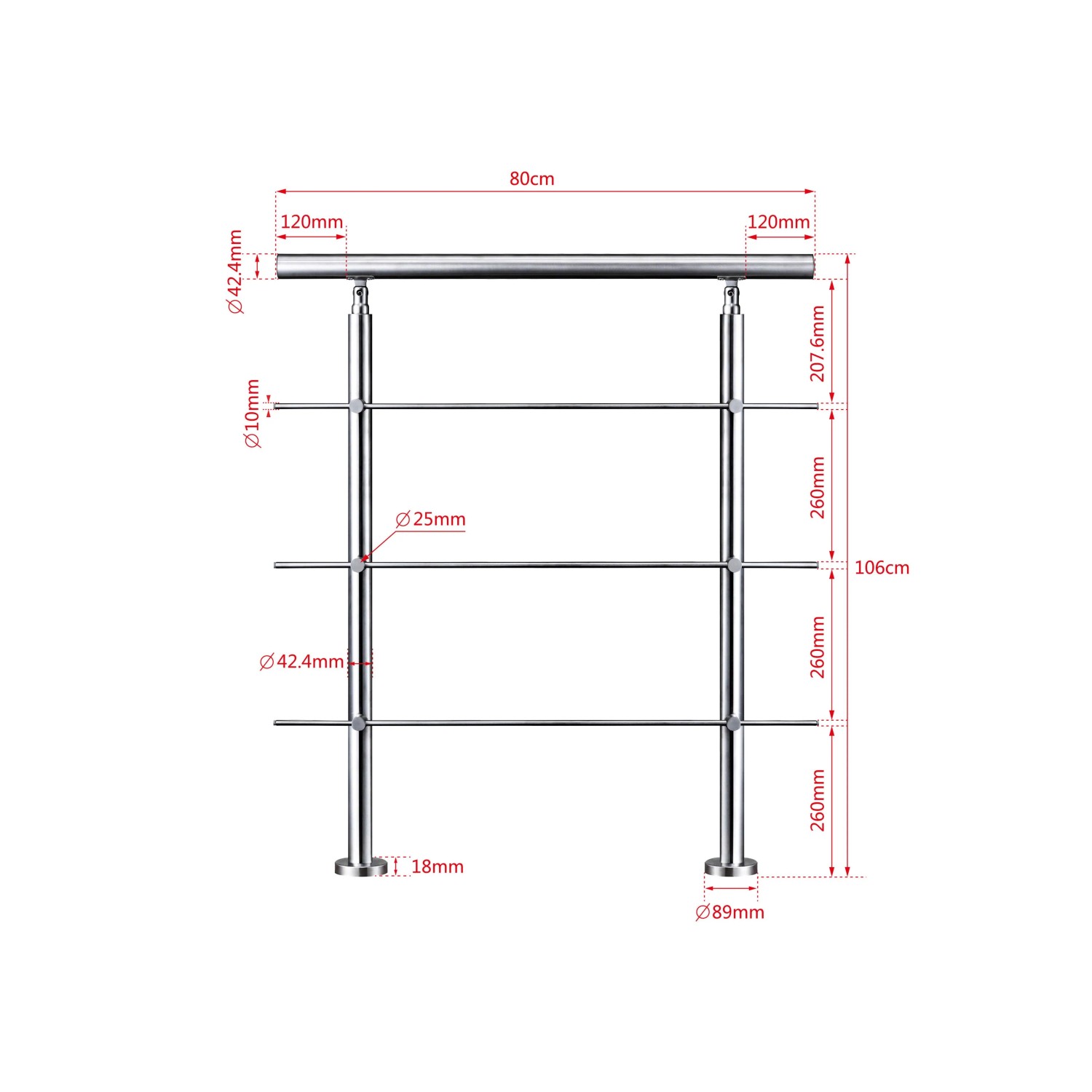 Edelstahl Geländer 80cm mit 3 Querstäben für Treppen, Innen- und Außenbereich.