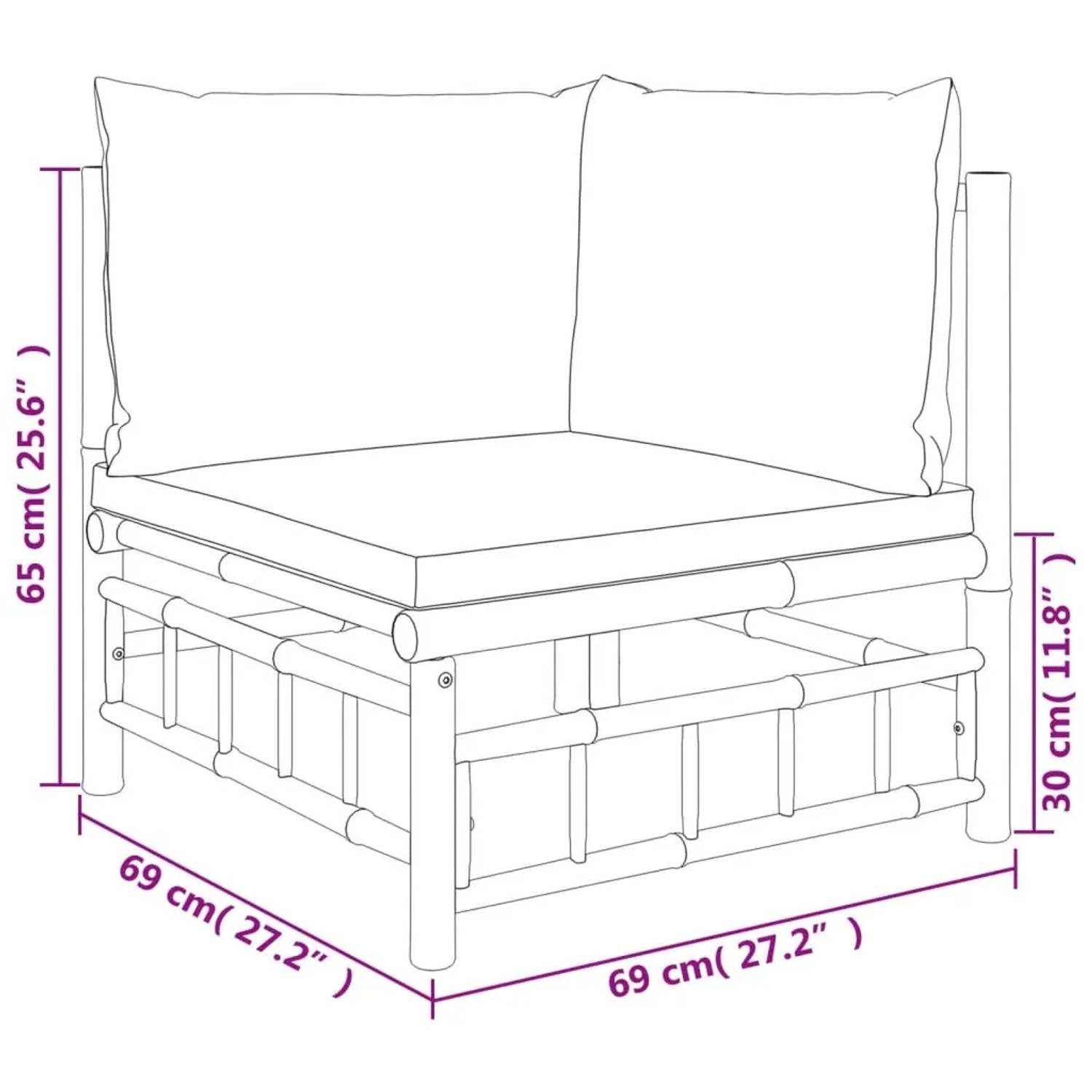 vidaXL Garten-Lounge-Set, 6-teilig, Bambus, dunkelgraue Kissen, Modell 13. Detailaufnahme der Maße.