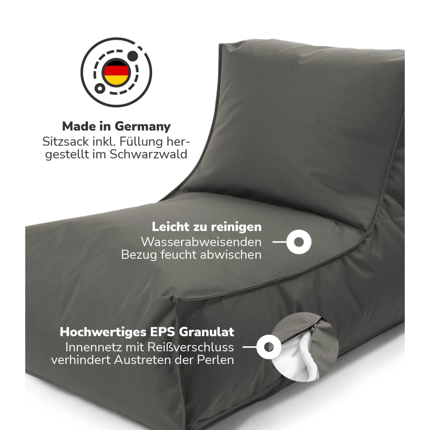 Grauer mokebo Sitzsack mit Hocker für Kinder/Erwachsene, ideal für Garten oder Balkon.