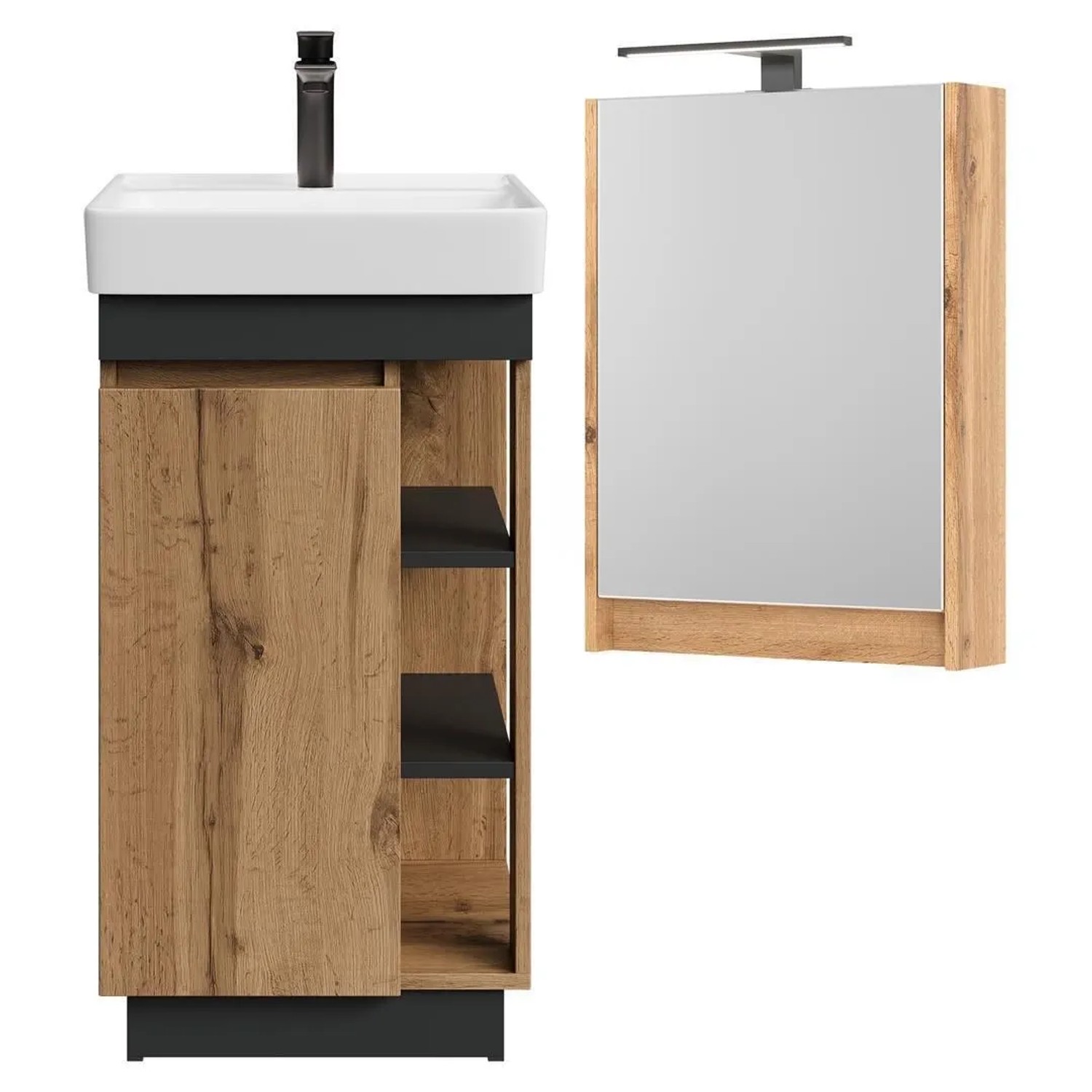 Planetmöbel Badmöbel Set NYX 45 cm Wotan Eiche Anthrazit mit Waschbecken LED Spiegelschrank Armatur Matt Schwarz