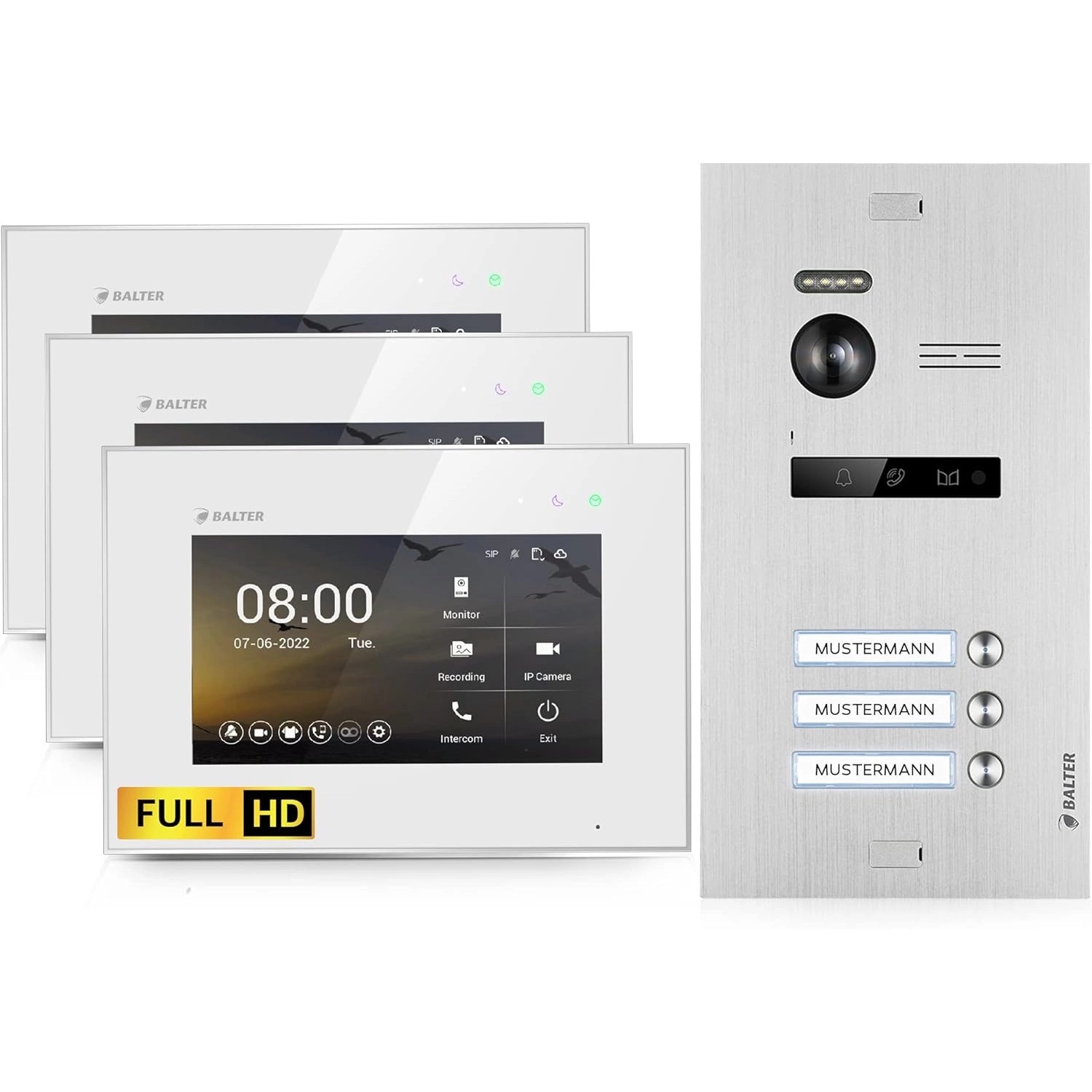 Balter EVO-HD Video-Türsprechanlage für Dreifamilienhaus mit 3x 7 Zoll Monitor Silber-Weiß