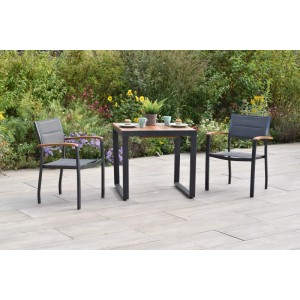 Merxx Paxos Gartenmöbel-Set, 3-teilig: Tisch ausziehbar, 2 Stapelsessel mit Akazienholz-Armlehnen.