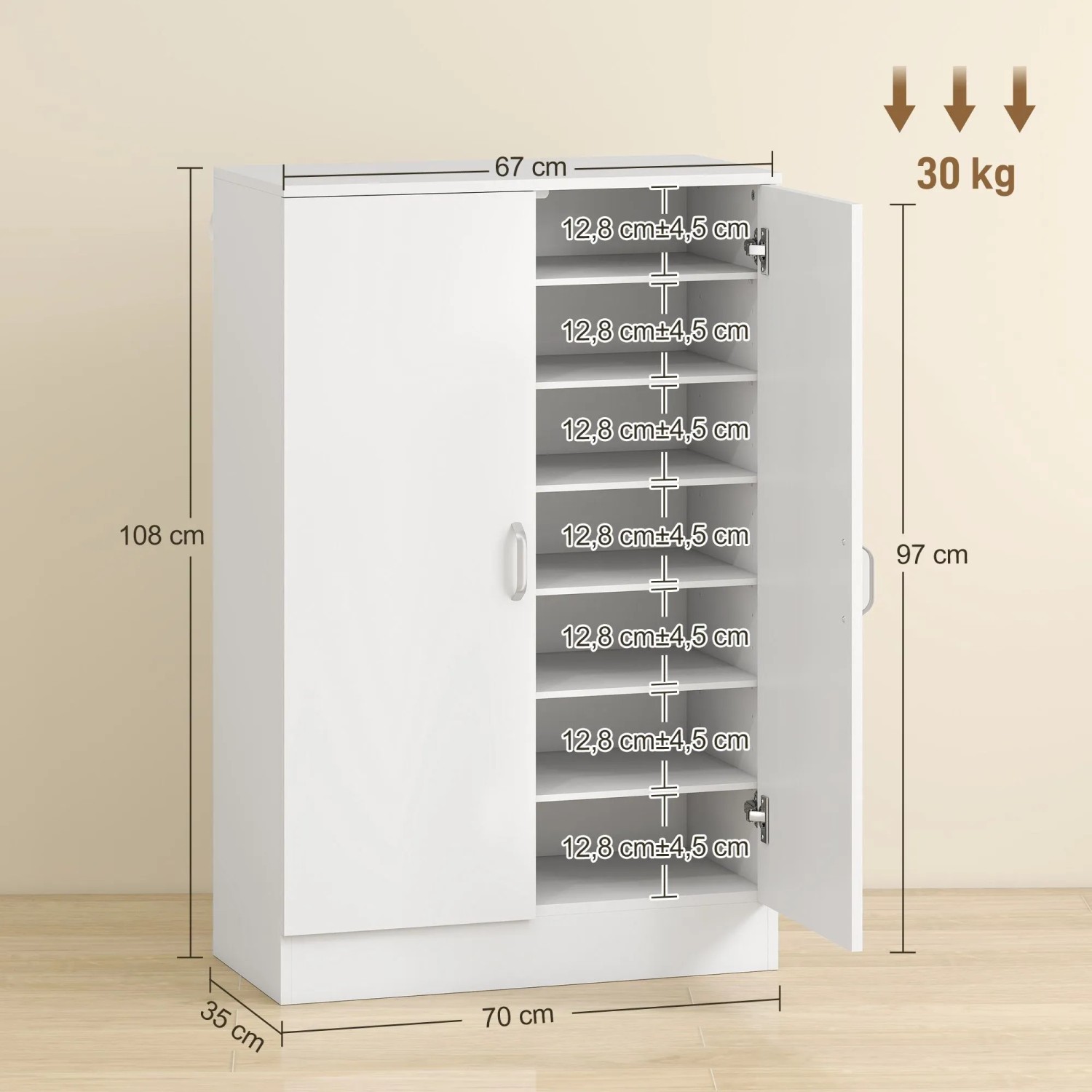 Weißer HOMCOM Schuhschrank aus Spanplatte, 70x35x108 cm, mit offener Tür und verstellbaren Regalen für 21 Paar Schuhe.