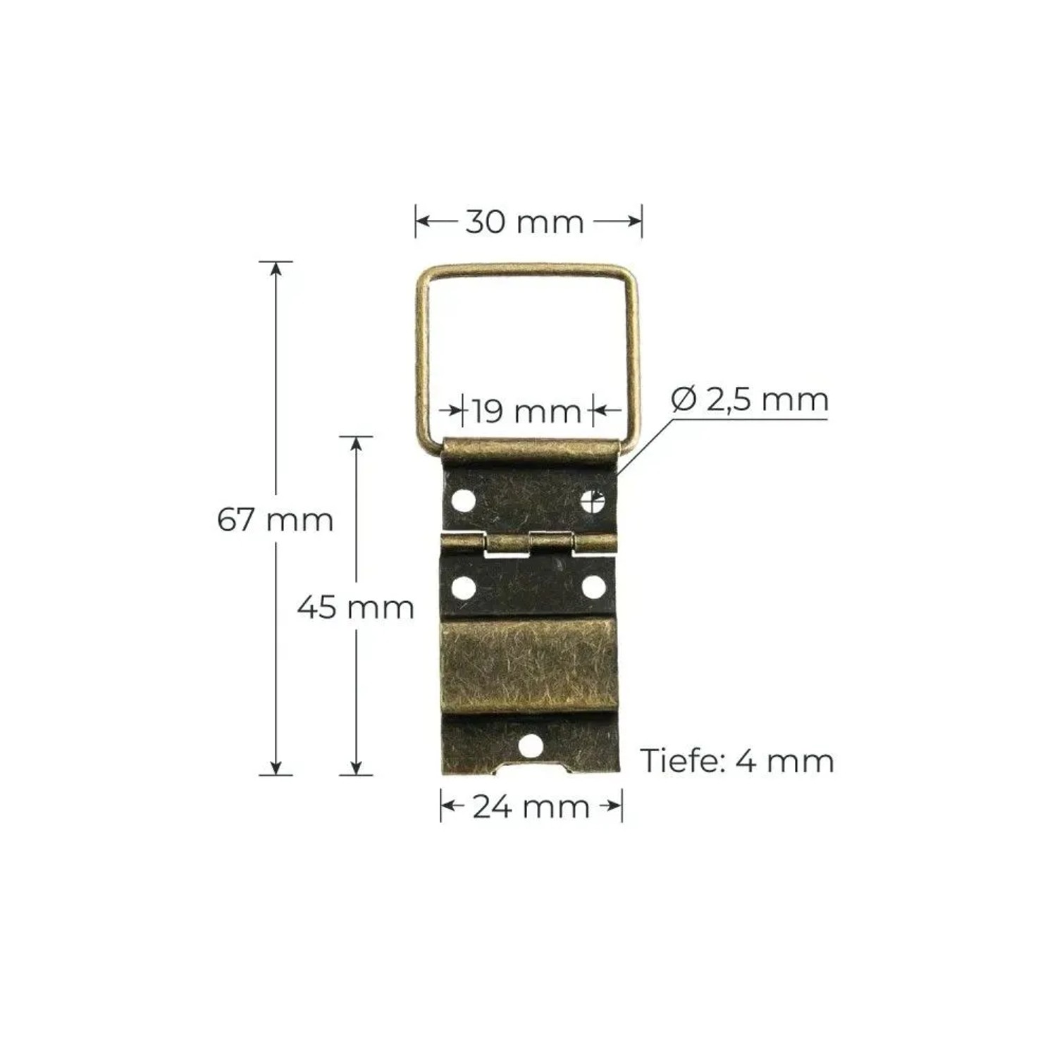 HMF Vintage Deko Aufstellscharnier aus bronzefarbenem Metall, 30x67mm, mit Maßangaben. Für Holzkisten.