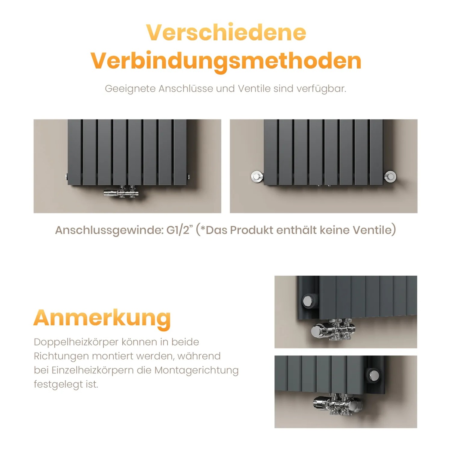 Detailansicht Emke Badheizkörper, vertikal, doppellagig, anthrazit, verschiedene Anschlussmethoden.