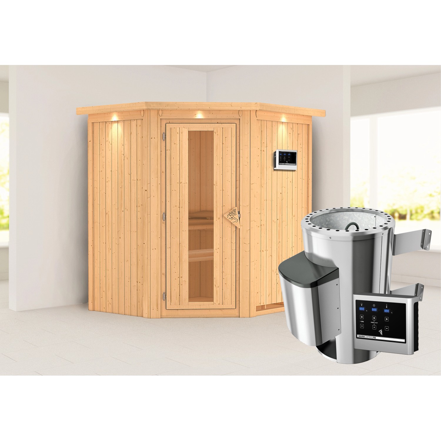 Karibu Sauna Thora mit Ofen externe Stg.Easy LED-Dachkranz Natur