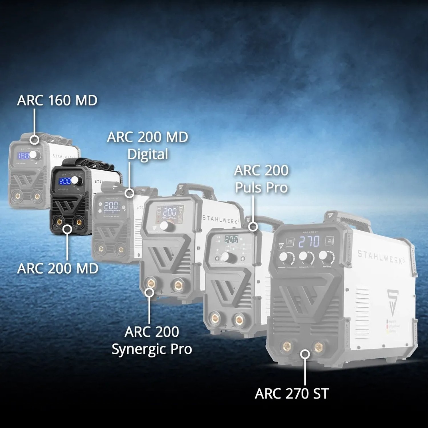 STAHLWERK Schweißgeräte ARC 160 MD, 200 MD, 200 Puls Pro, 200 Synergic Pro und 270 ST im Vergleich.