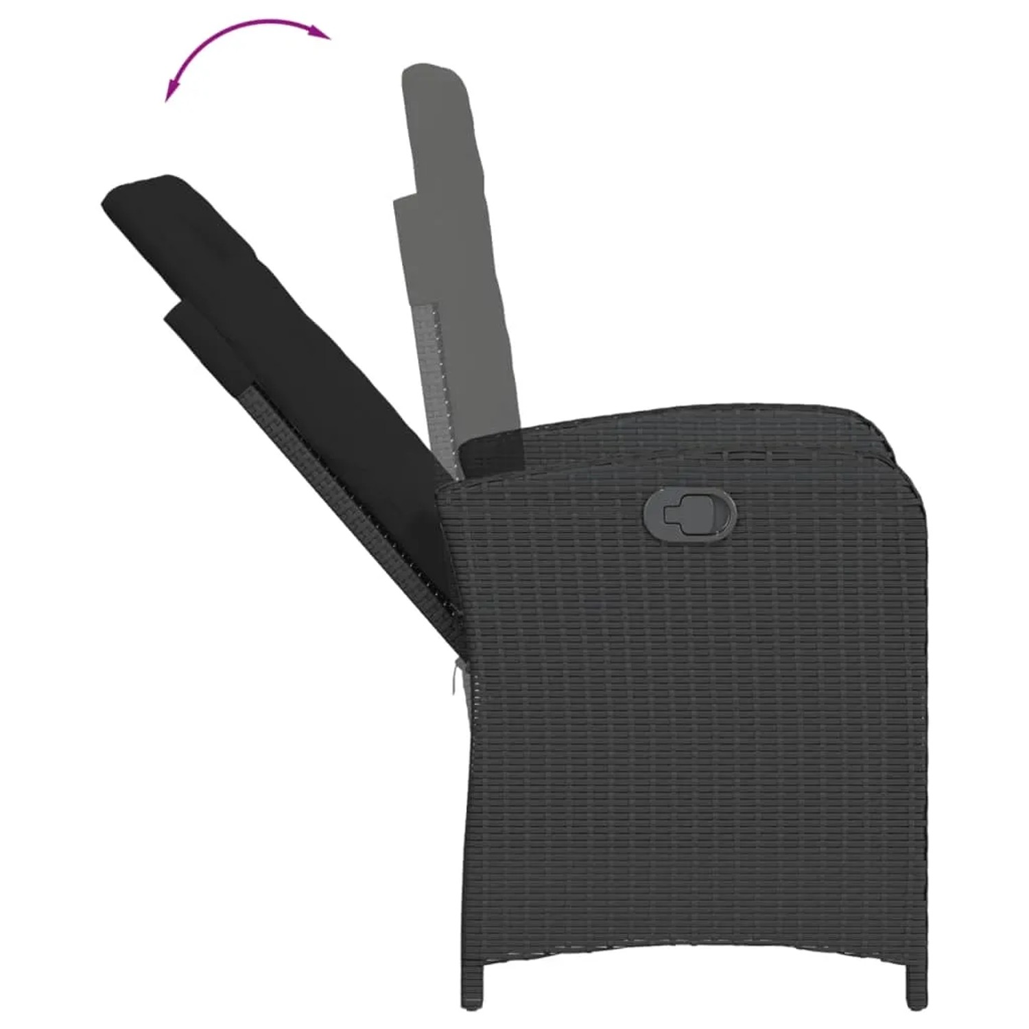 Verstellbarer, schwarzer vidaXL Gartensessel aus Stahl und Poly Rattan mit Kissen.