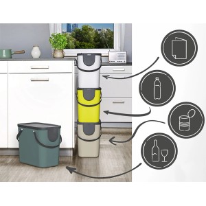 Weißer Rotho Albula Mülleimer (25 l) zur Abfalltrennung, stapelbar und platzsparend in der Küche.