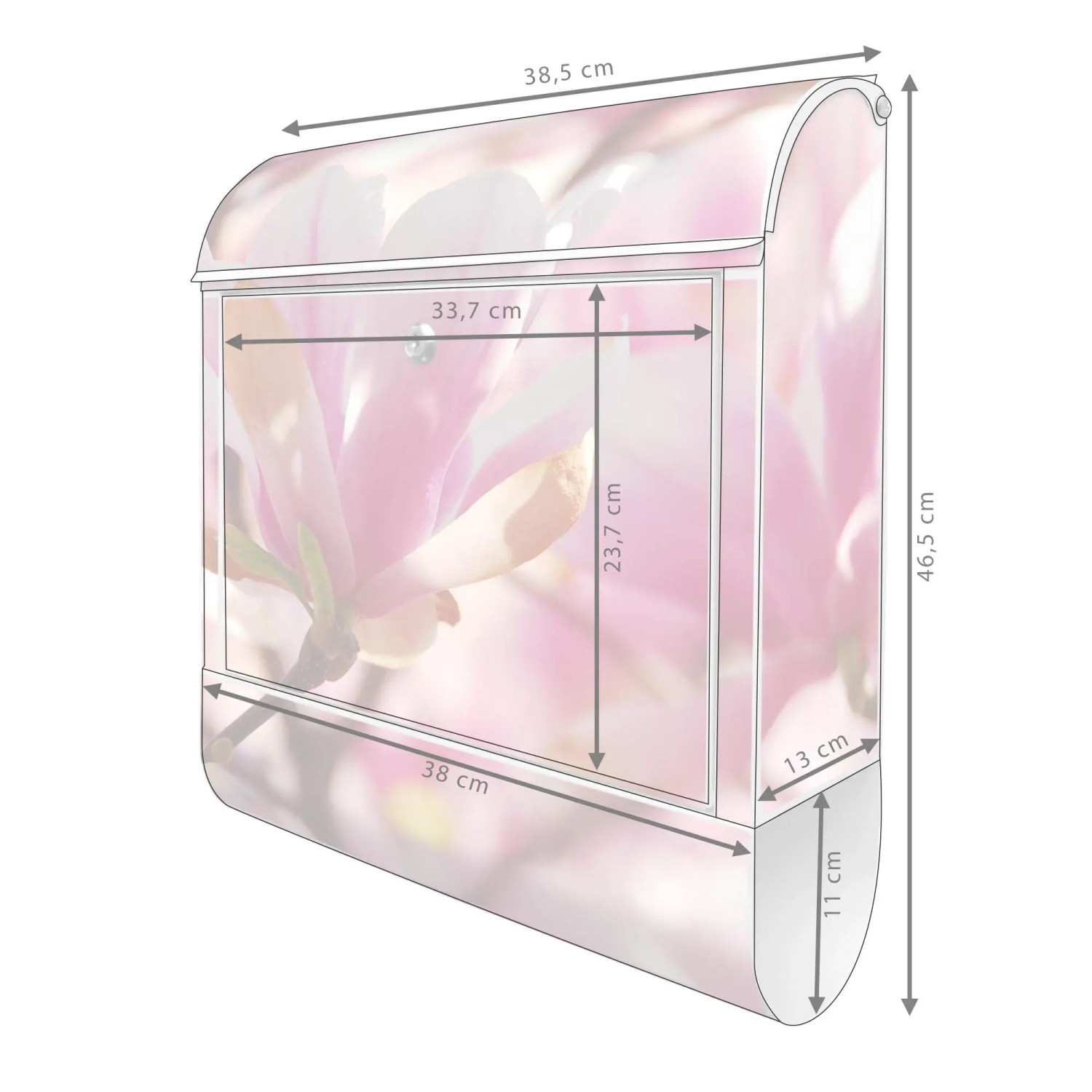 Weißer Briefkasten mit Magnolien-Motiv und Zeitungsfach. Design Briefkasten für Wand- oder Zaunmontage.
