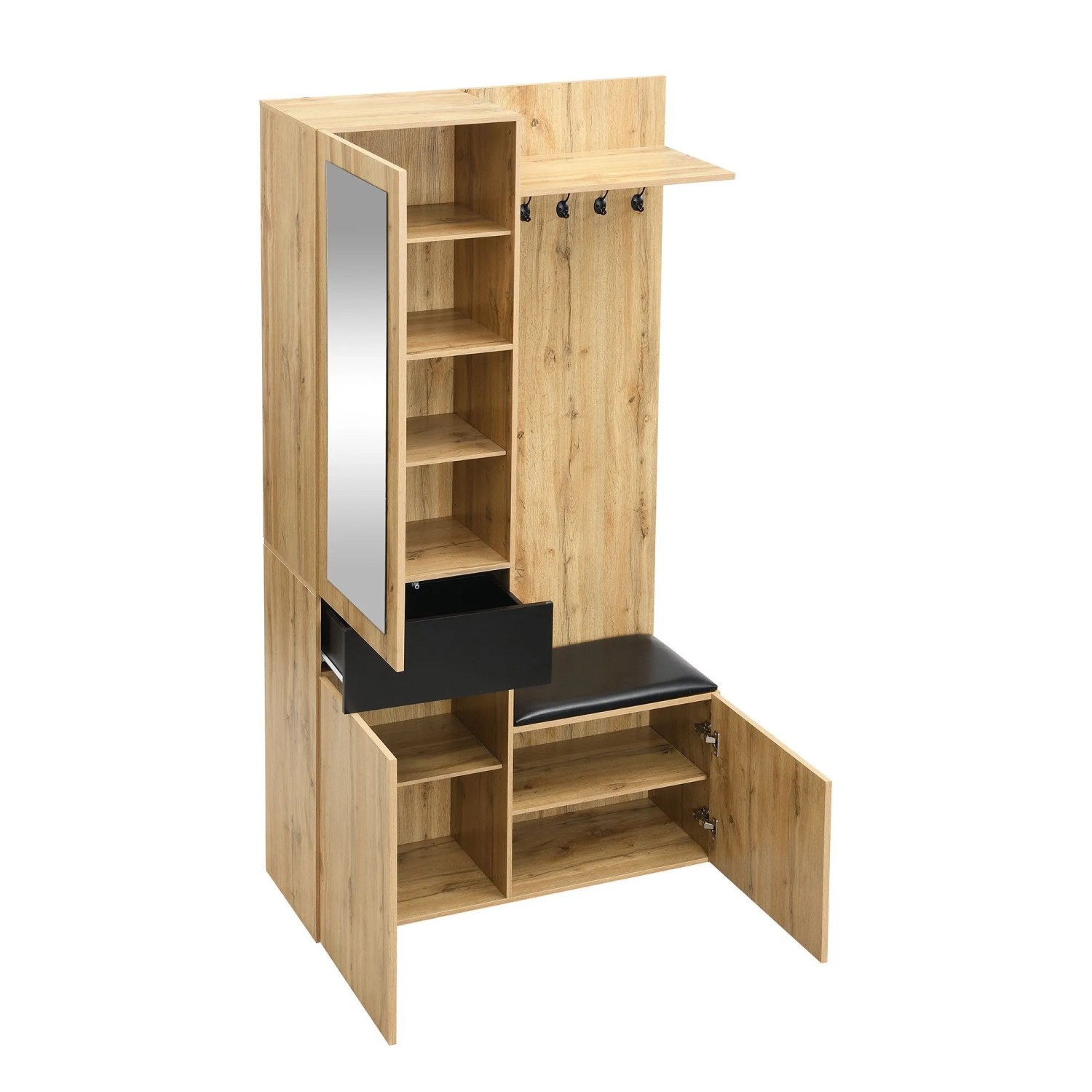 ModernLuxe Garderobe mit Spiegel Schuhschrank 2 Türen Schublade Sitzbank MDF Natur