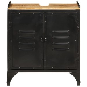 Schwarzer Waschbeckenunterschrank aus Eisen mit zwei Türen und heller Massivholzplatte im Industrie-Stil.