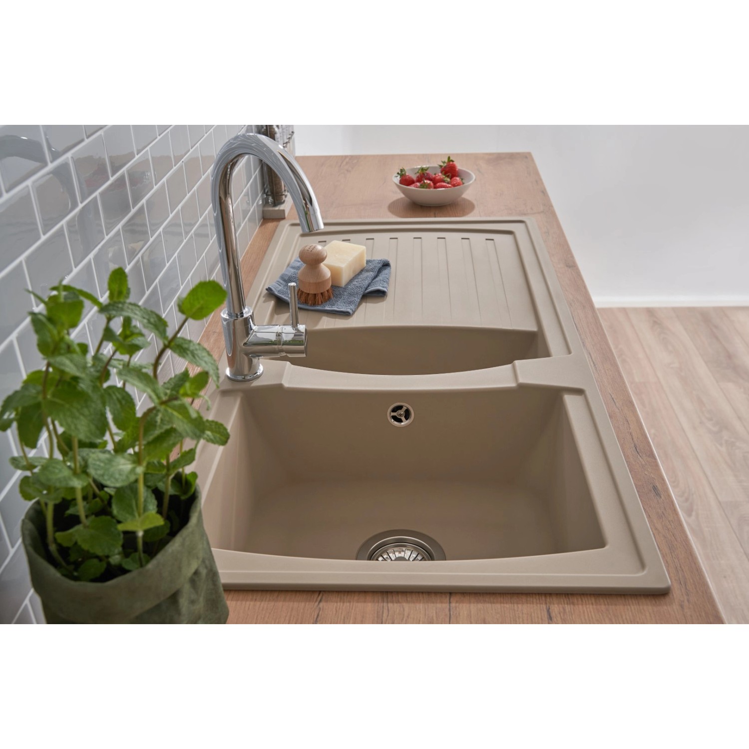 Respekta Mineralite Einbauspüle Boston, 100x50 cm, Sandbeige. Granitspüle mit Abtropffläche und Spülbecken.