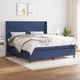 Blaues Boxspringbett 180x200 cm mit Stoffbezug, Matratze und hohem Kopfteil für Schlafzimmer.