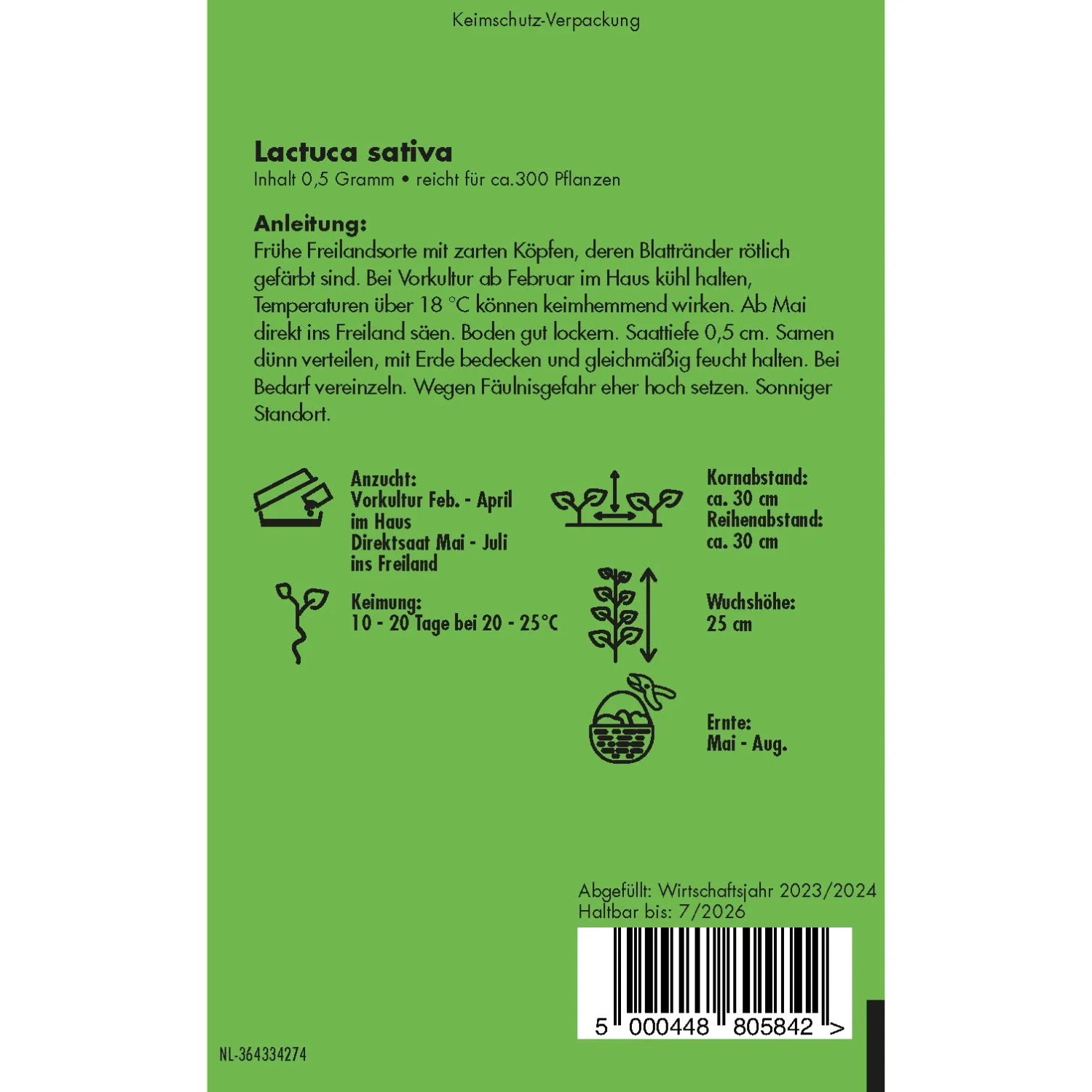 Samenpackung Kopfsalat Maikönig: frühe Sorte mit rötlichen Blatträndern, ideal für den Freilandanbau. Gemüse selbst anbauen.