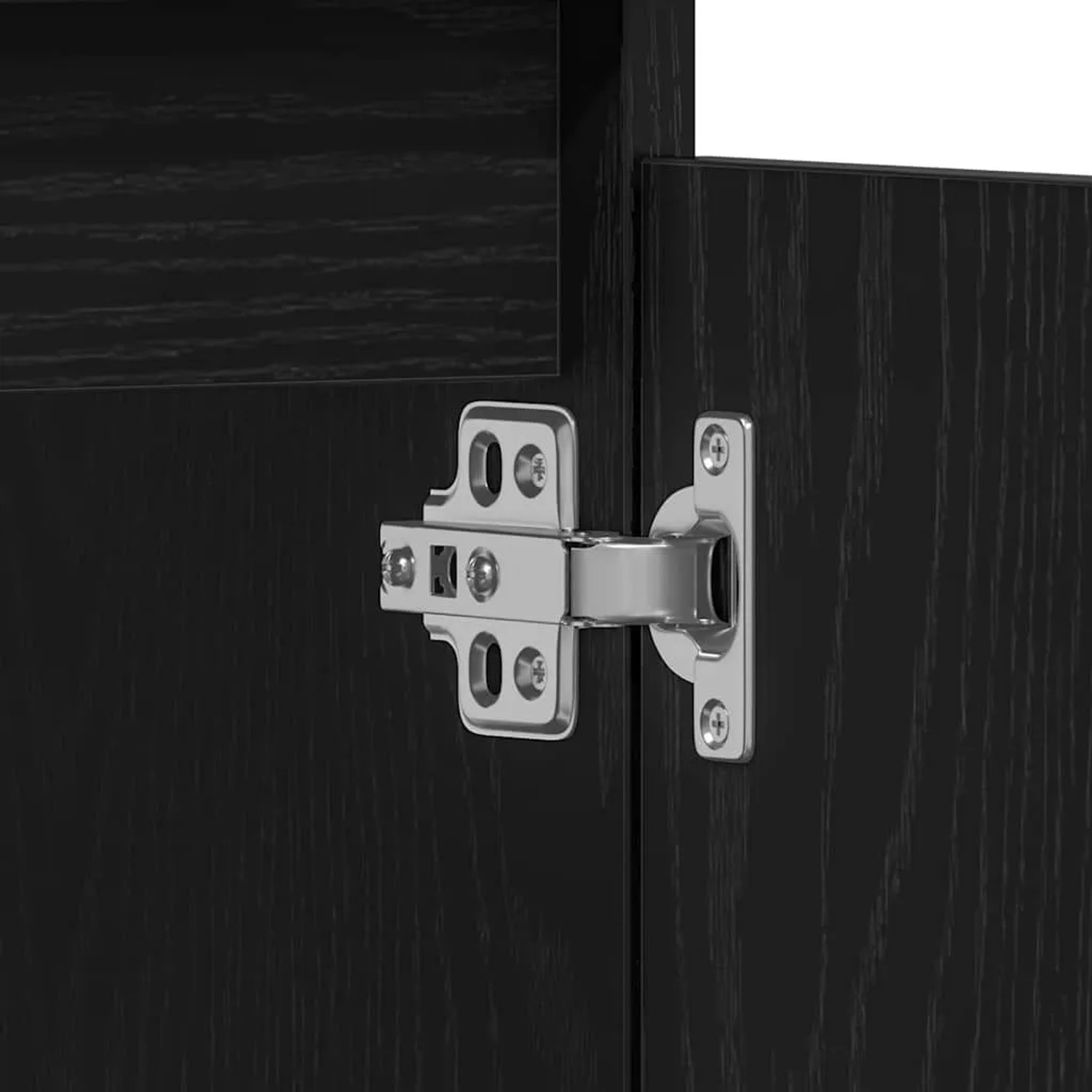 Detailaufnahme: Scharnier an vidaXL Waschbeckenschrank in Schwarz Eichen-Optik.