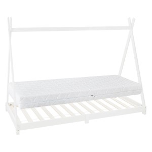 Weißes ML-Design Kinderbett Tipi 90x200 mit Matratze und Lattenrost.
