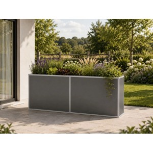 Modernes Aluminium-Hochbeet in Anthrazit mit silbernem Rahmen auf Terrasse, bepflanzt. Für Garten & Balkon.