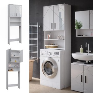 Weißer Vicco Waschmaschinenschrank Irma mit Stauraum für Waschmittel und Badutensilien.