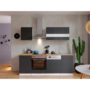 Respekta Küchenzeile KB220WGC, 220 cm, grau-weiße Einbauküche mit E-Geräten und Nussbaum-Arbeitsplatte.
