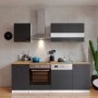 Respekta Küchenzeile KB220WGC, 220 cm, grau-weiße Einbauküche mit E-Geräten und Nussbaum-Arbeitsplatte.