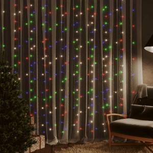 Bunter LED-Lichtervorhang (3x3 m) mit 300 LEDs als Weihnachtsdekoration.