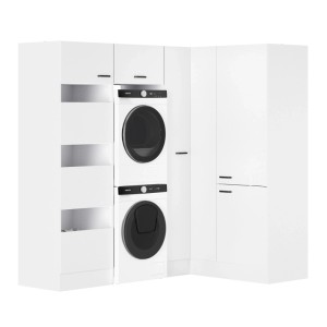 Weißes OPTIFIT Waschsäulen-Set Bonn214 mit Waschmaschine, Trockner und Schränken für den Hauswirtschaftsraum.