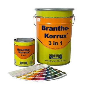 Brantho Korrux 3in1 Rostschutzfarbe, dunkelgrau, mit Farbfächer und kleinem Gebinde.