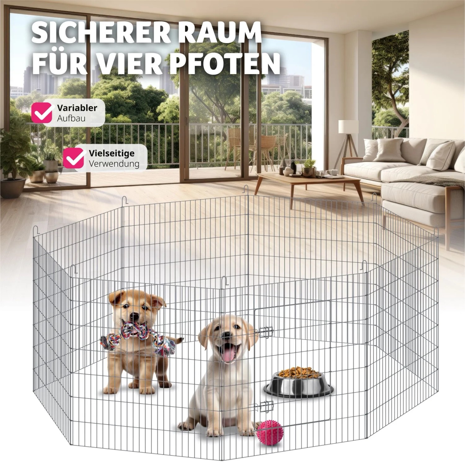 Tectake Freilaufgehege Fluffy mit zwei Welpen im Wohnzimmer.