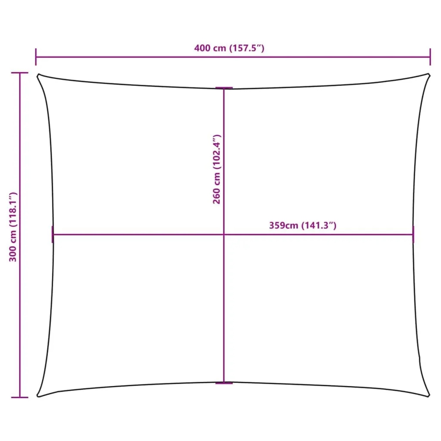 Maßzeichnung des rechteckigen Sonnensegels 3x4m. Zeigt Abmessungen 400x300cm für Garten & Terrasse.