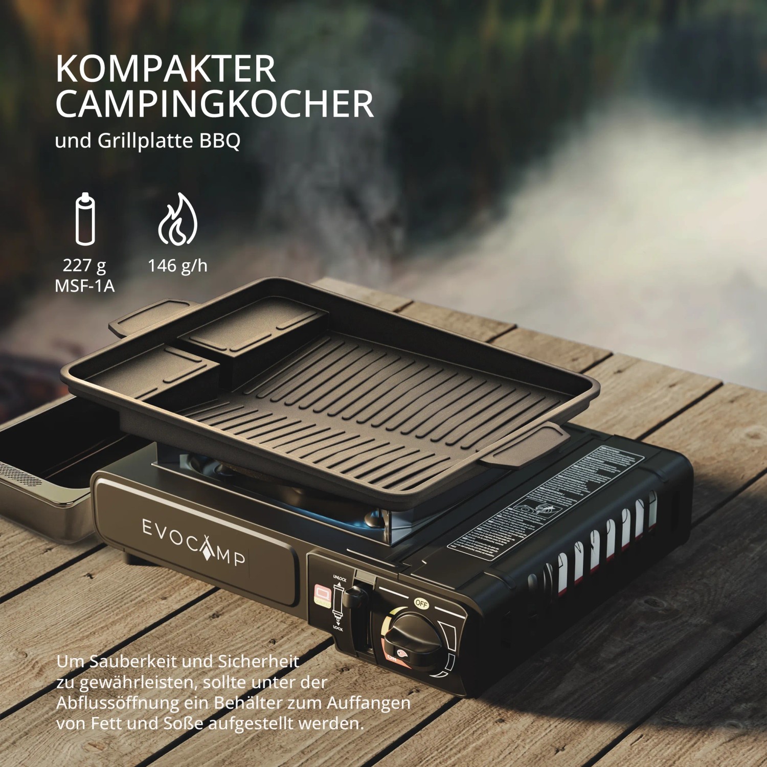Evocamp Camping Gaskocher mit Grillplatte und Tragekoffer für 227g Kartuschen.